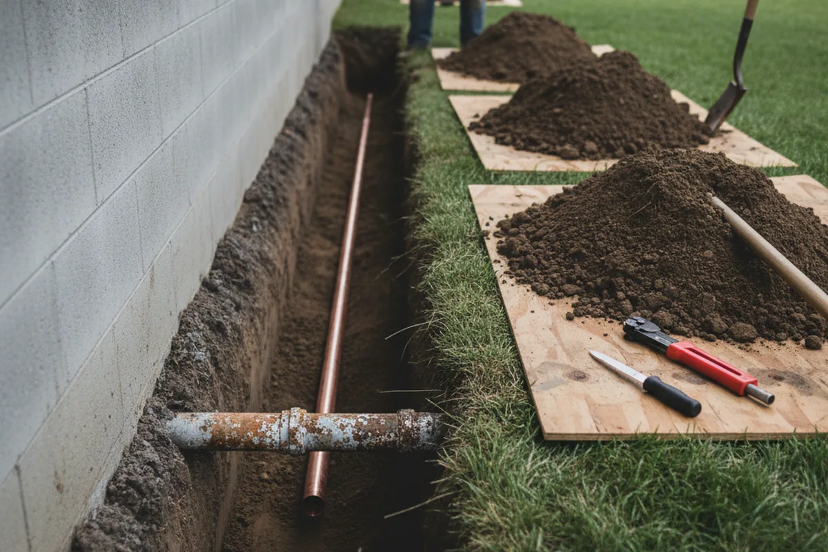 Excavated water line trench during Water Softener Installation in Buffalo Prairie